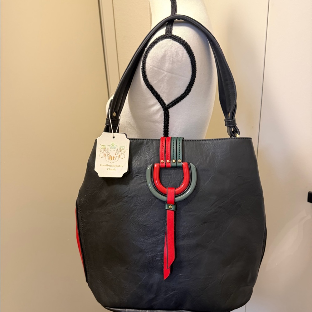 Elegant Brand New Black Tote Bag with Red, Green and Gold Accents